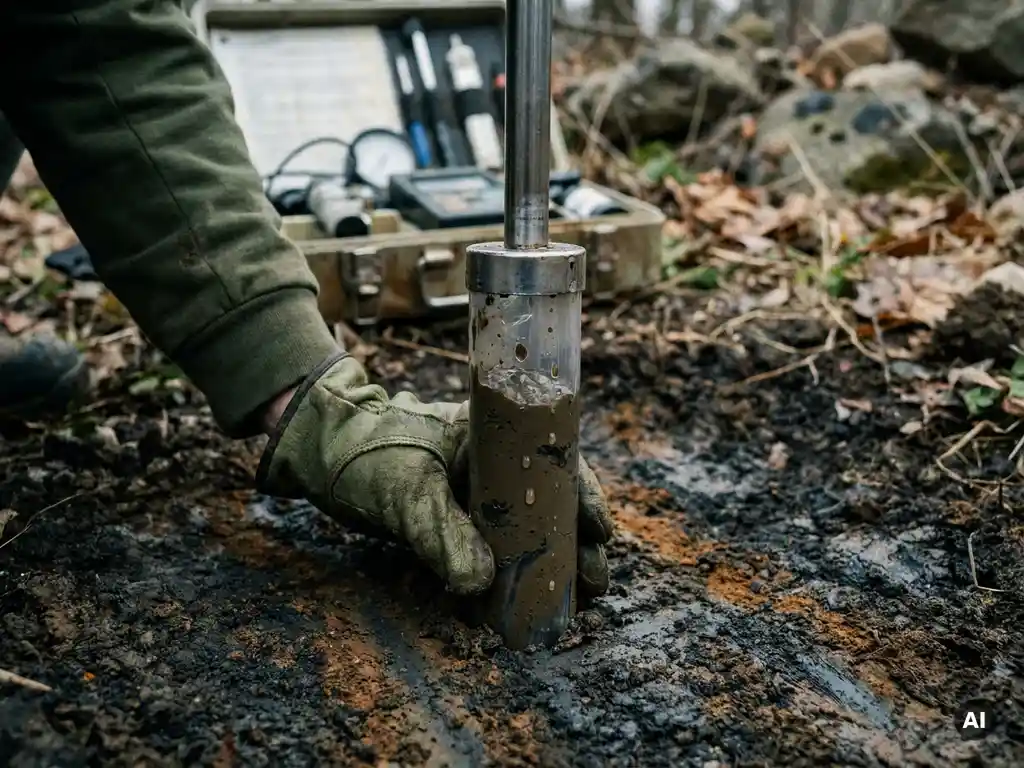 Behandschuhte Hand entnimmt Bodenkernprobe aus kontaminiertem Erdreich, trübe Wassertropfen im Querschnitt sichtbar, Feldmessgerät im Hintergrund.