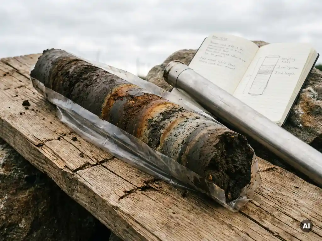 Bodenkernsonde von einer kontaminierten Baustelle auf verwittertem Holzbrett, mit Stahlrohr und Feldnotizbuch daneben.