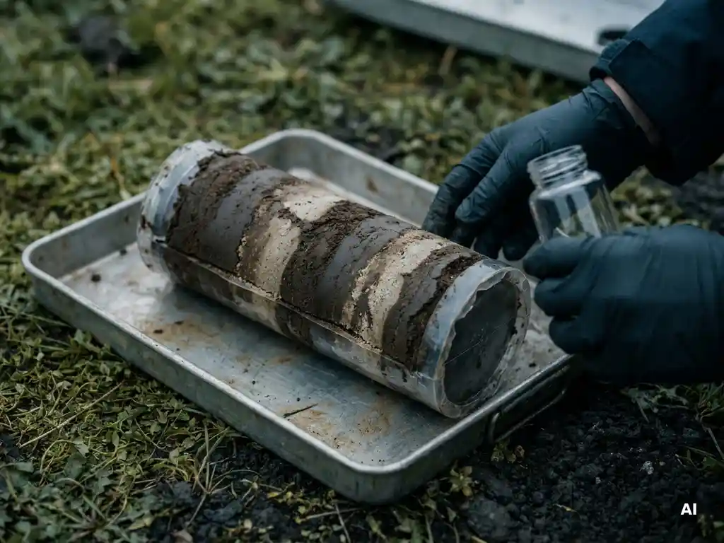 Bodenkernprobe mit sichtbaren Schichten aus dunklem Erdreich und hellem Sand auf Untersuchungsschale, Umweltwissenschaftler hält Testvial daneben.