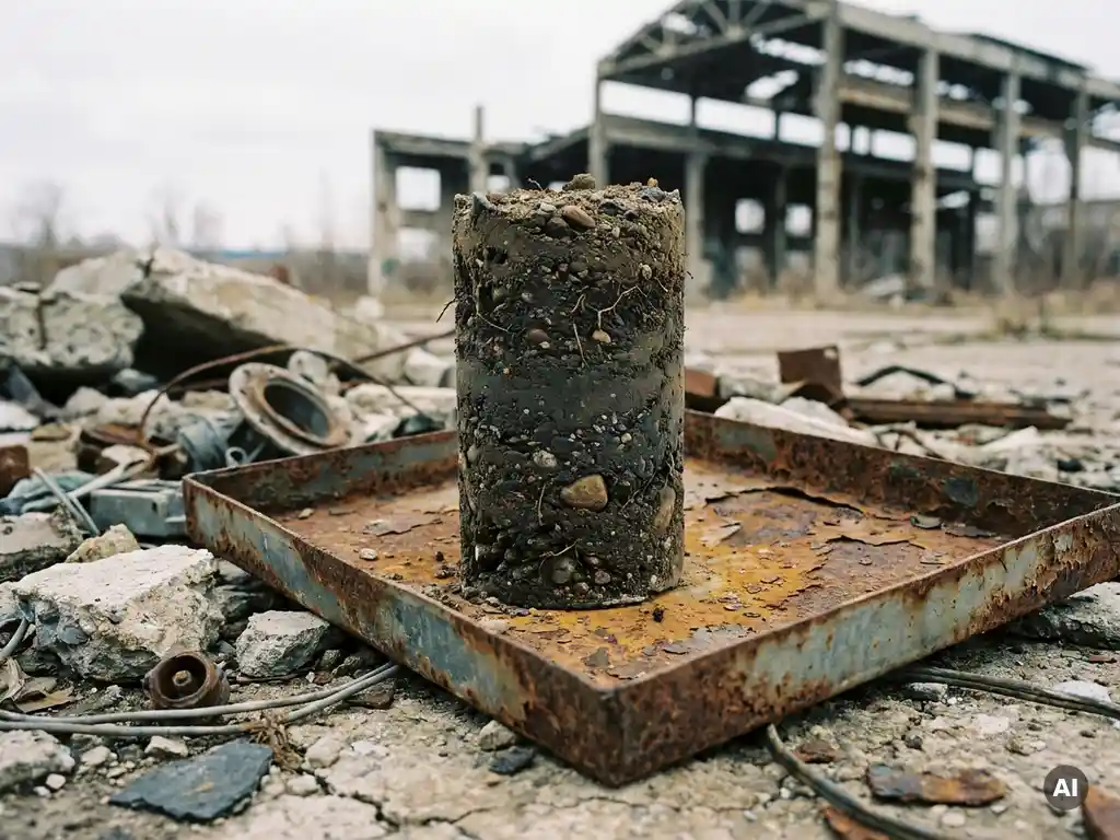 Bodenkernprobe auf verwittertem Stahltablett an einem kontaminierten Brownfield-Standort mit Betontrümmern und Industrieruine im Hintergrund.