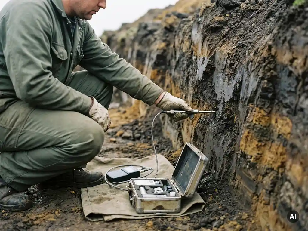 Umwelttechniker führt Grundwasser-Messsonde in freigelegte Bodenschichten ein, tragbares Feldmessgerät daneben.