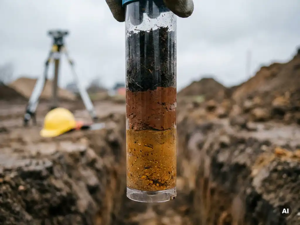 Bodenkernsonde mit Schichten aus Mutterboden, Lehm und kontaminiertem Sediment über einer Baugrube auf einer Baustelle.