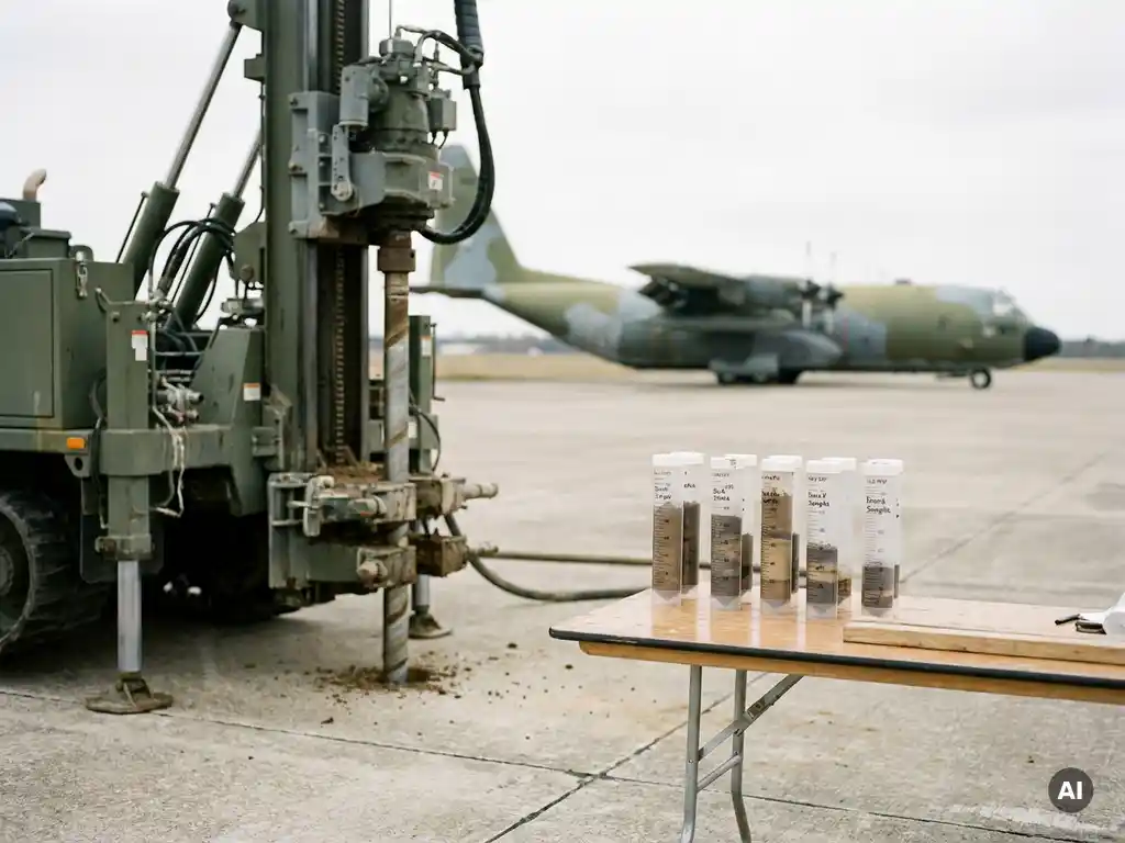 Bodenreinigungsbohranlage auf einem Militärflugplatz mit Bodenproben in Röhrchen auf einem Feldtisch, Militärflugzeug im Hintergrund.