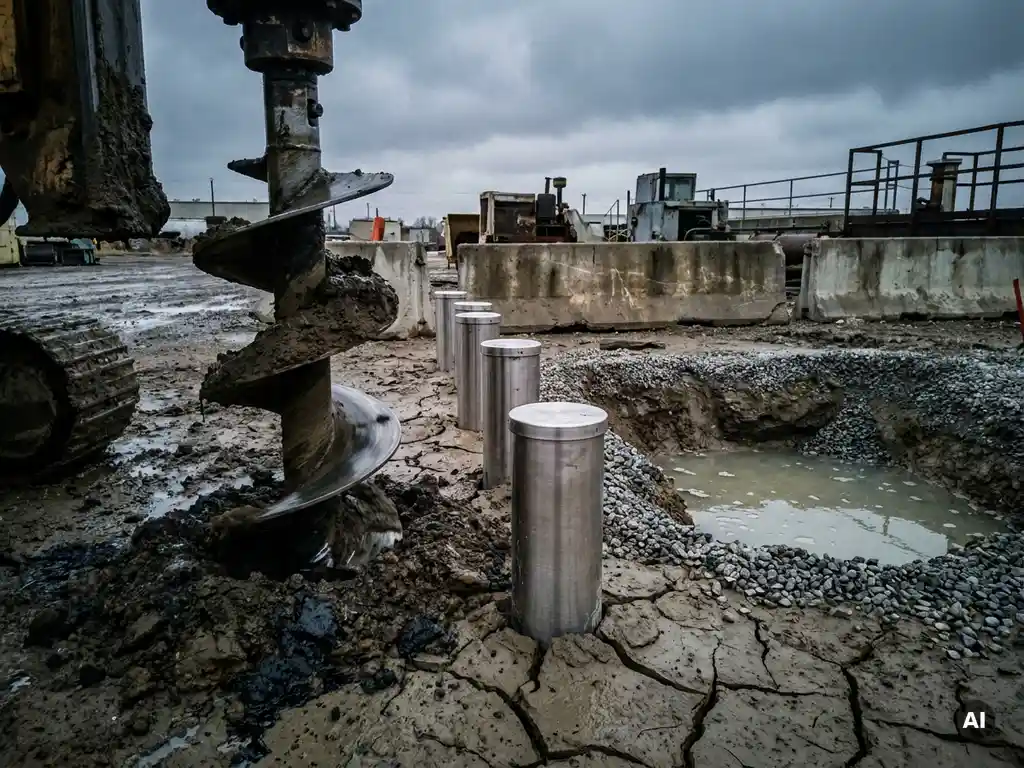 Bohranlage extrahiert kontaminierte Erde an einem Industriestandort, mit Edelstahl-Messrohren im rissigen Boden neben einer Grundwasser-Entnahmegrube.