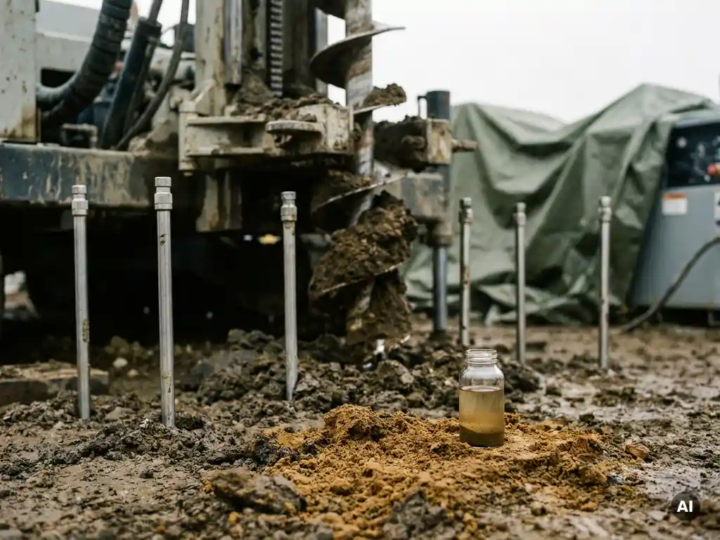 Bodensanierungsbohrung mit Edelstahl-Injektionsstäben in kontaminiertem Erdreich, daneben ein Glasfläschchen mit trübem Grundwasser.