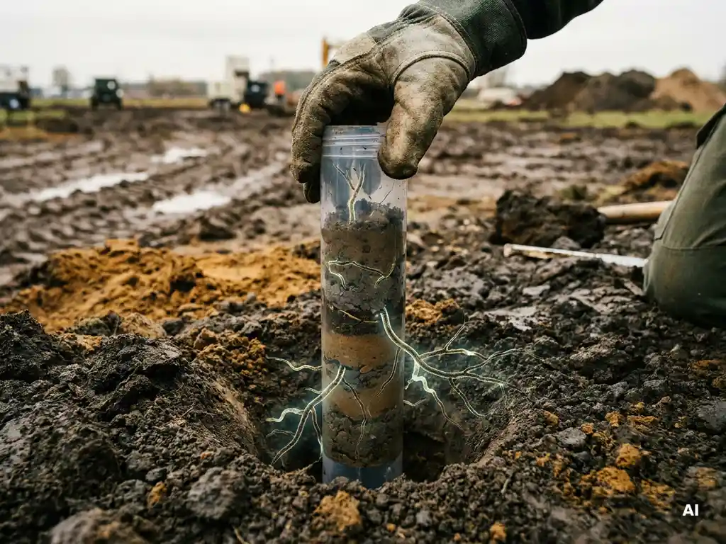Behandschuhte Hand entnimmt Bodenkernprobe aus kontaminiertem Erdreich mit sichtbaren Bakterienkolonien in Sedimentschichten.