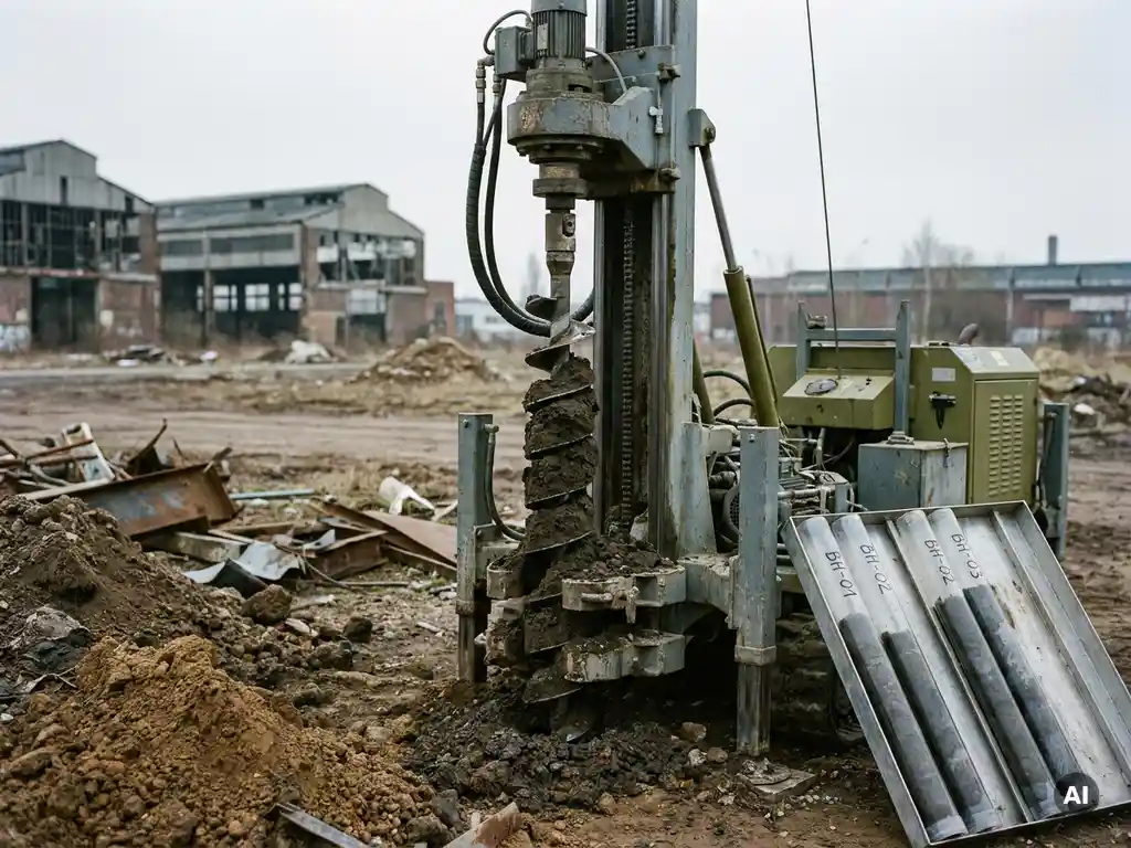 Bohranlage zur Bodensanierung extrahiert kontaminierten Erdaushub auf einem Industriebrachen, Bodenkernproben in beschrifteten Röhrchen auf Metalltablett.