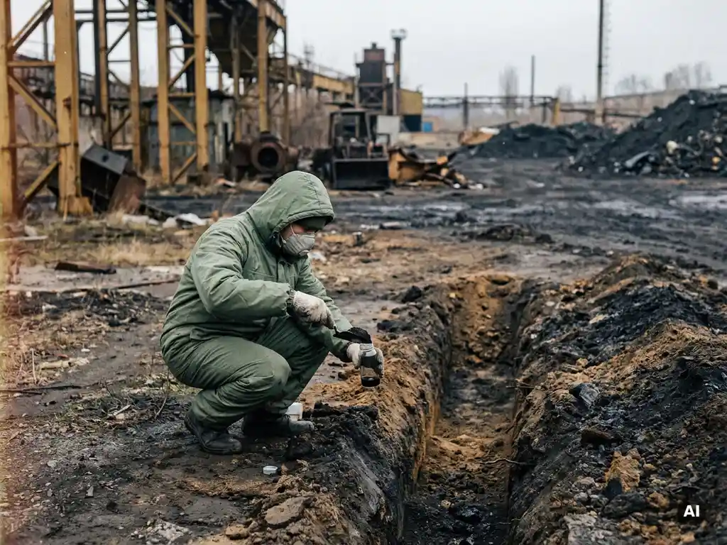 Bodensanierungsexperte in Schutzausrüstung entnimmt kontaminierte Erdprobe in Glasfläschchen an einem Brownfield-Standort.