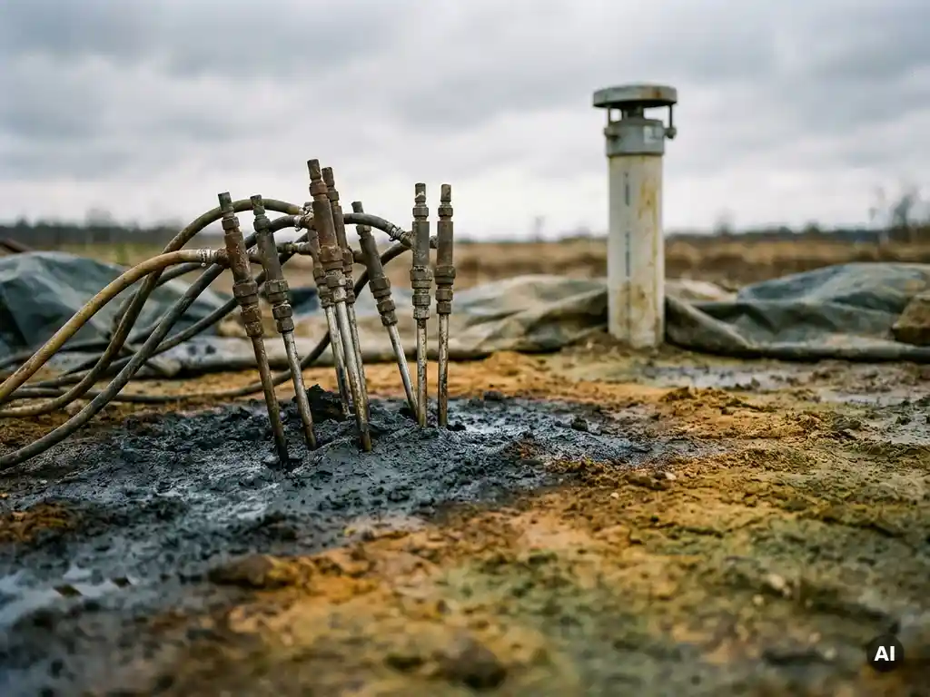 Injektionslanzenbündel in kontaminiertem Boden bei Bodensanierung, Erdreich zeigt Farbgradienten von dunkelgrau zu ockerfarbenem Reinboden, Grundwassermessstelle im Hintergrund.