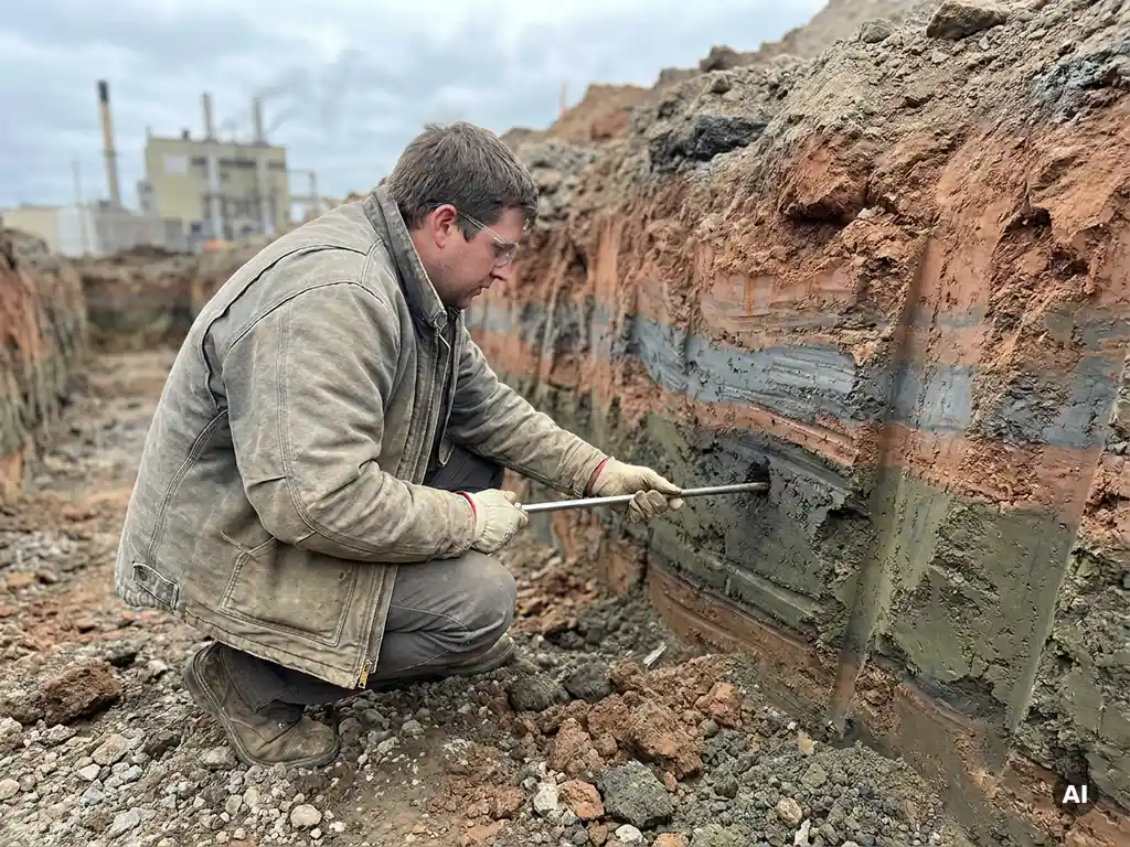Bodenkundler entnimmt Probe aus kontaminiertem Erdreich, Schichten aus sauberem und belastetem Boden im Querschnitt sichtbar, Industrieanlage im Hintergrund.