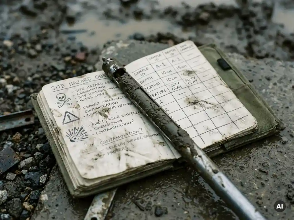 Verwittertes Feldnotizbuch mit handschriftlichen Beobachtungen und Bodenprobenraster auf schlammigem Industriegelände, Bodenkernröhre quer darüber.
