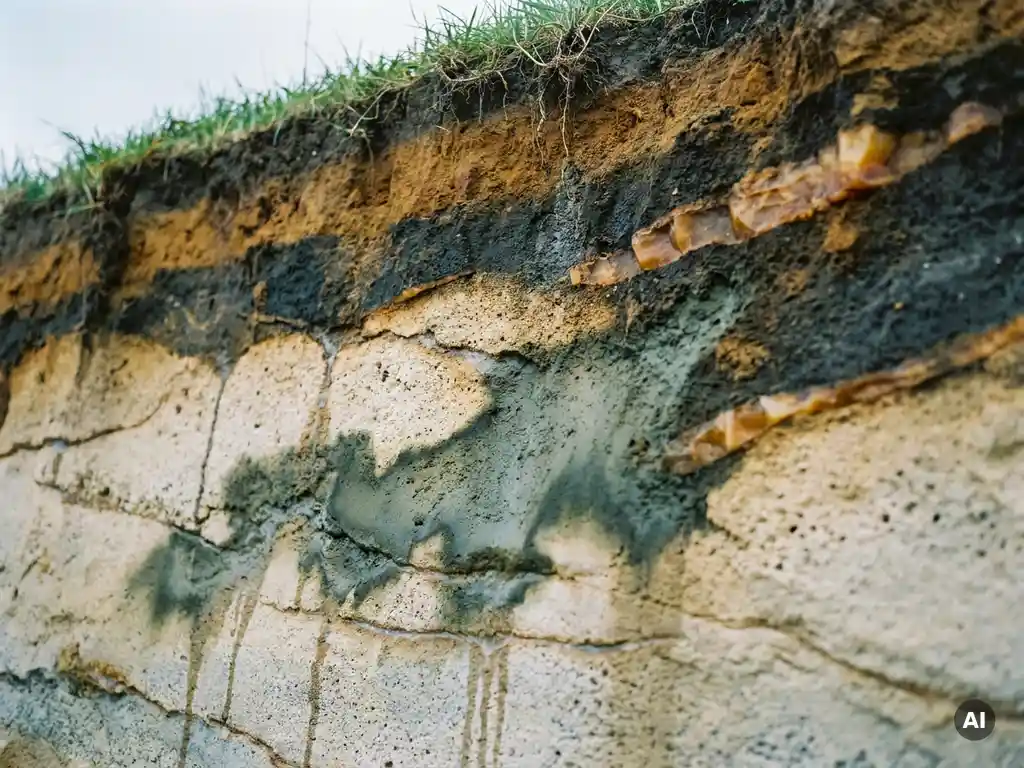 Querschnitt durch Erdschichten zeigt dunkle Schadstofffahne, die sich durch poröses Sandstein-Grundwasserleiter ausbreitet.