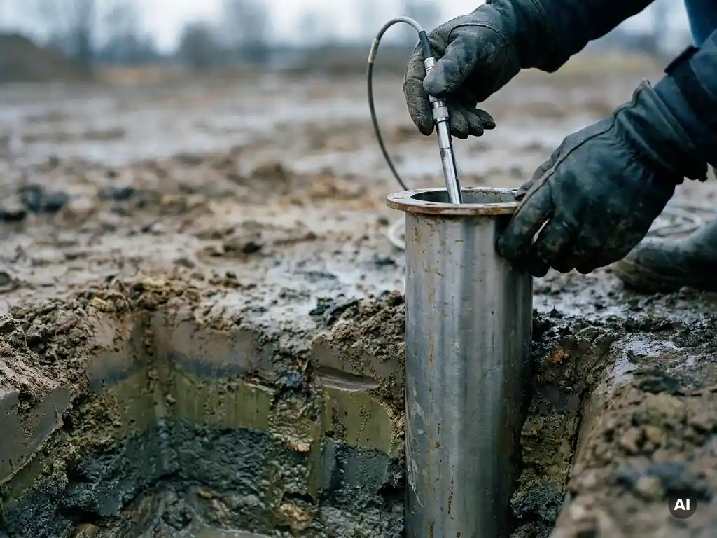 Techniker lässt Wasserprobenahme-Sonde in Edelstahl-Grundwassermessstelle auf kontaminiertem Brachland.