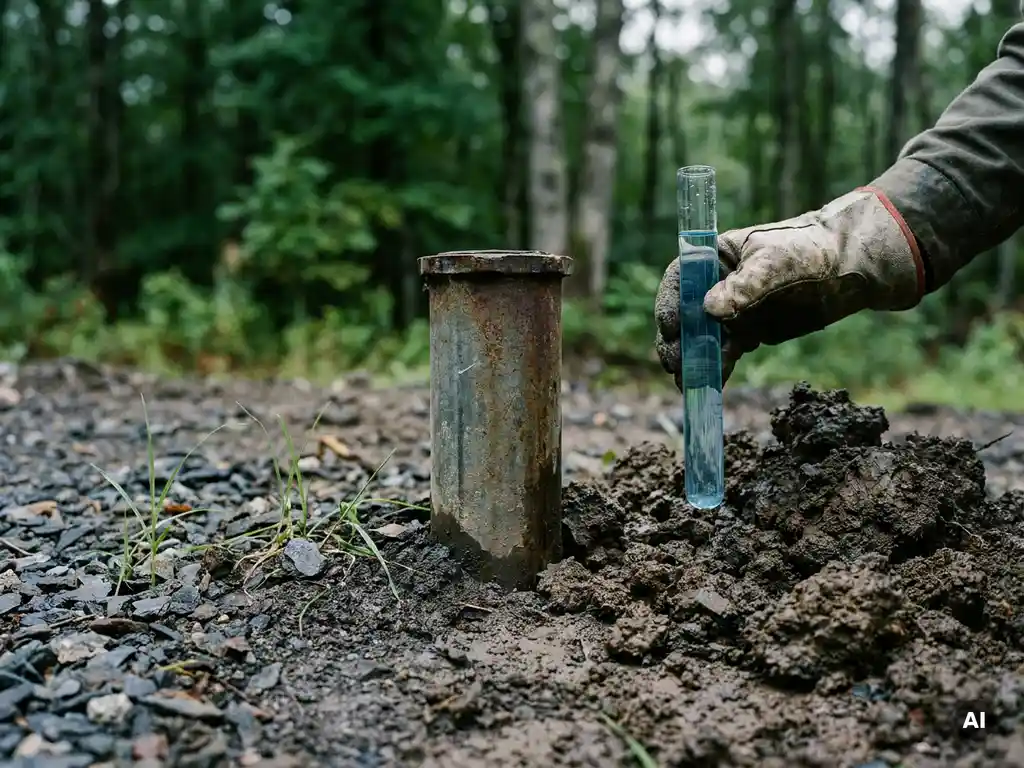 Grundwasser-Messstelle im sanierten Boden mit Grasansatz, daneben ein Reagenzglas mit klarem Wasser.