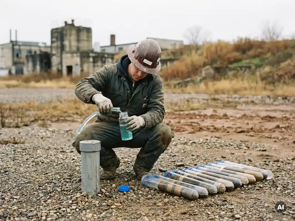 Feldtechniker entnimmt Wasserprobe aus einem Grundwasser-Monitoring-Brunnen auf einem sanierten Industriegelände, Bodenkernproben daneben.