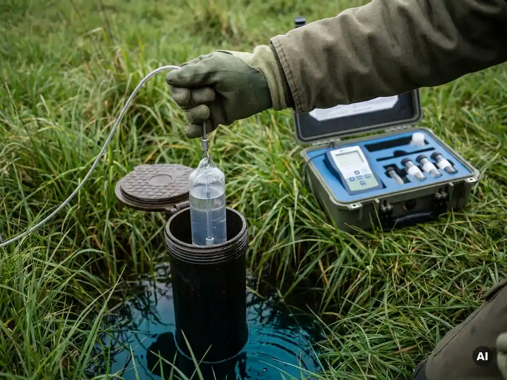 Umwelttechniker entnimmt Grundwasserprobe aus Überwachungsbrunnen mit Probenahmeschlauch und Feldtestausrüstung.