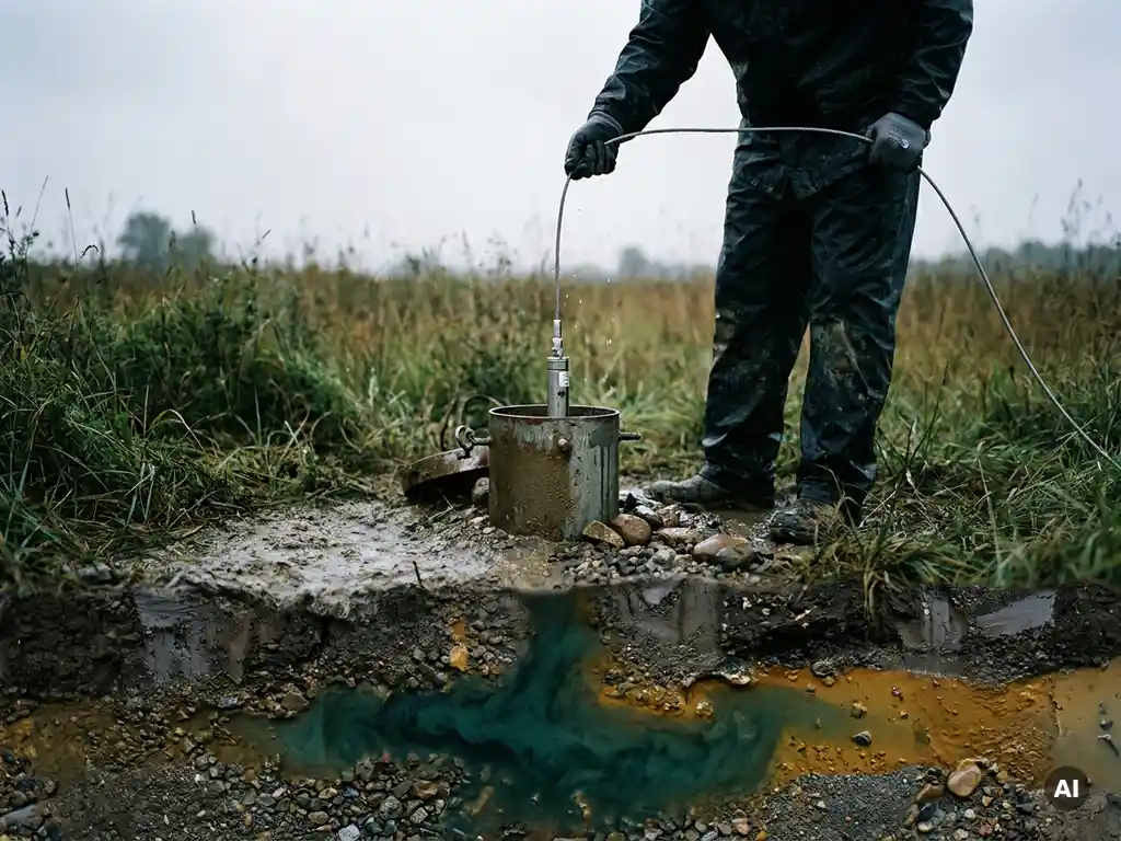 Bodensanierungsspezialist senkt Grundwasser-Messsonde in Brunnenrohr, darunter sichtbare Schadstofffahne in geschichteten Erdschichten und gesättigtem Kies.
