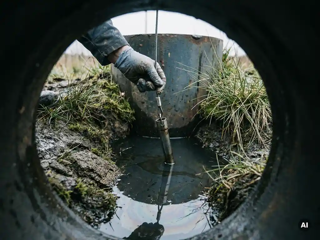 Umwelttechniker mit Handschuhen entnimmt Grundwasserprobe aus Überwachungsbrunnen mit schillernder Wasseroberfläche.