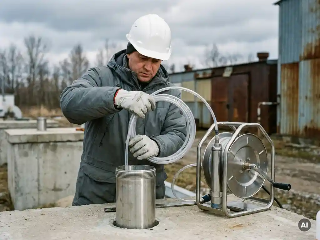 Techniker in Schutzausrüstung senkt Grundwasser-Probenahmeschlauch in Messbrunnen an industriellem Standort.