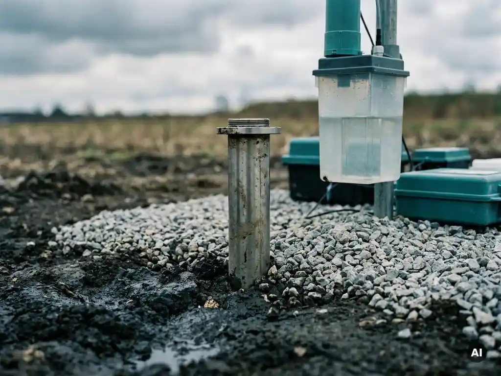 Edelstahl-Extraktionsbrunnen ragt aus kontaminiertem Erdreich an einer Sanierungsbaustelle, umgeben von Kies und Grundwasser-Monitoring-Equipment.