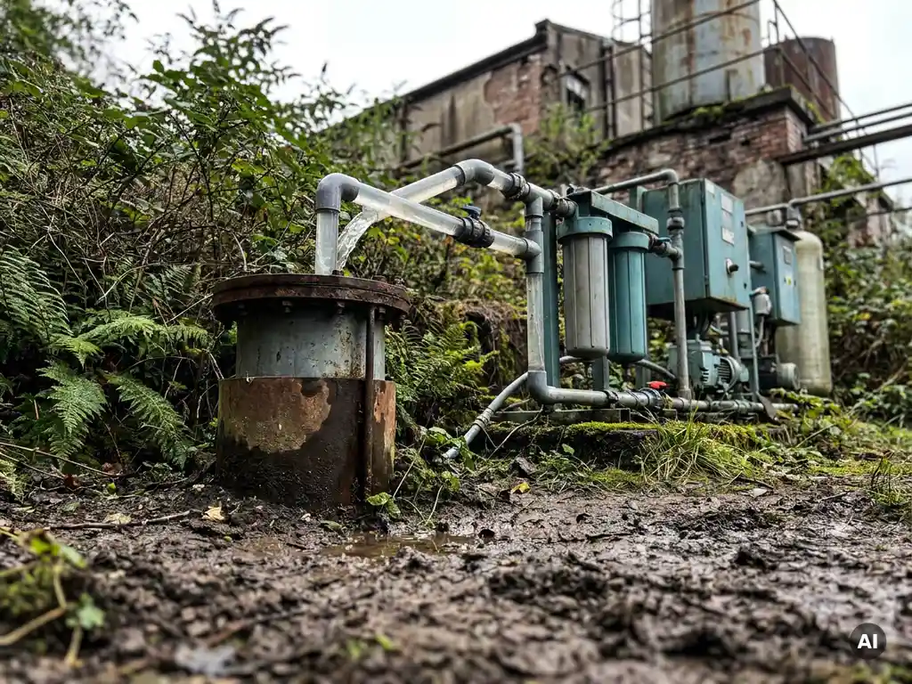Grundwasserextraktionsbrunnen mit Filtrationssystem an kontaminiertem Industriestandort, umgeben von dichter grüner Vegetation.
