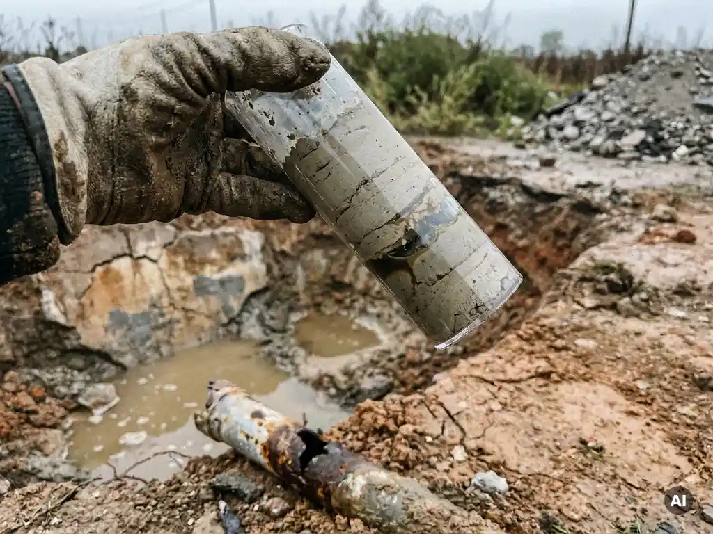 Kontaminierter Bodenkern in behandschuhter Hand über aufgegrabener Erde mit sickerndem Grundwasser und verlassenem Sanierungsrohr.