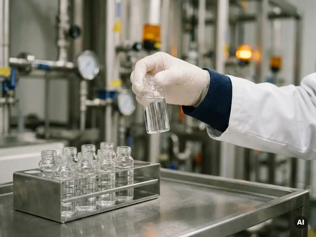 Klares Wasserprobenröhrchen im Labor vor unscharfem Industriehintergrund, daneben Edelstahltablett mit weiteren Vials.