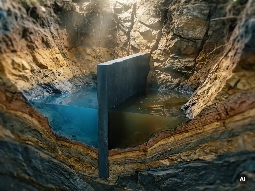 Querschnitt durch Erdschichten mit dunkelgrauer permeabler reaktiver Barriere, die sauberes blaues Grundwasser von kontaminiertem Wasser trennt.