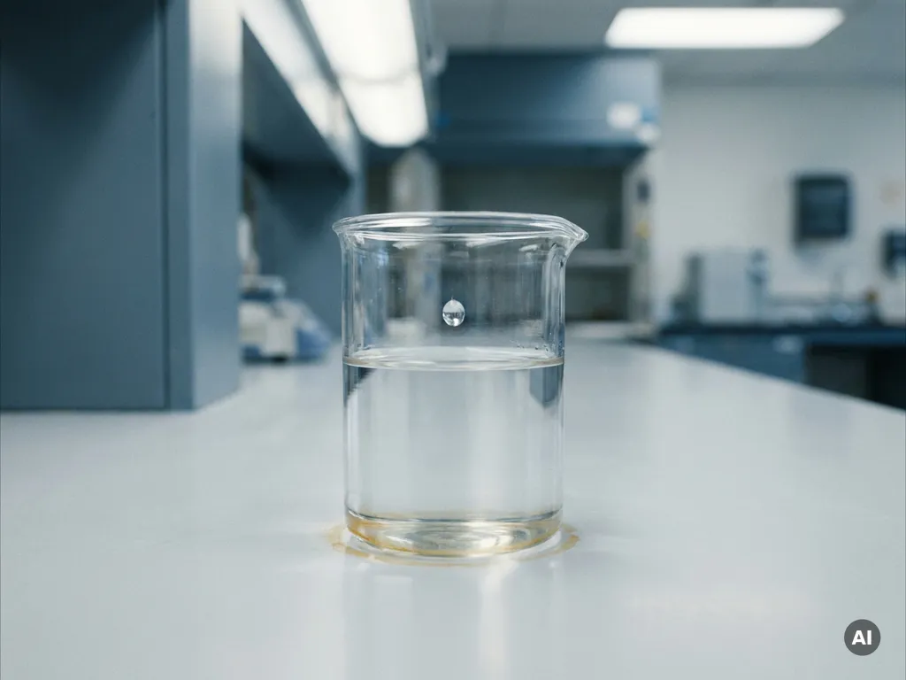 Wasserglas auf Laboroberfläche mit chemischem Rückstandsring, fallender Wassertropfen in Nahaufnahme, klinische Beleuchtung.